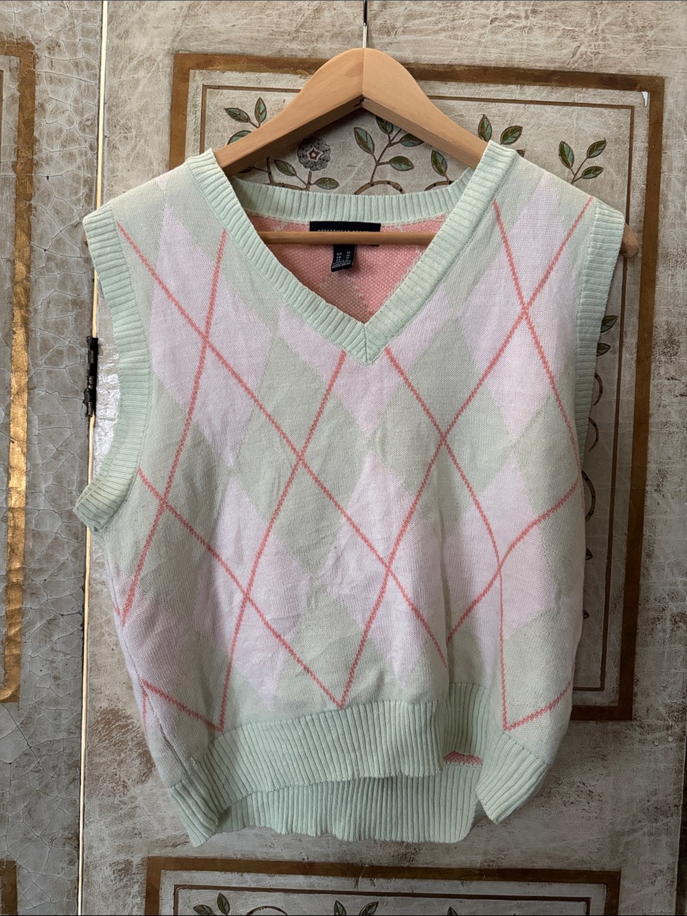 Streetwear Society Pastel Argyle V-Neck Knit Tank - Mint, Pink, White